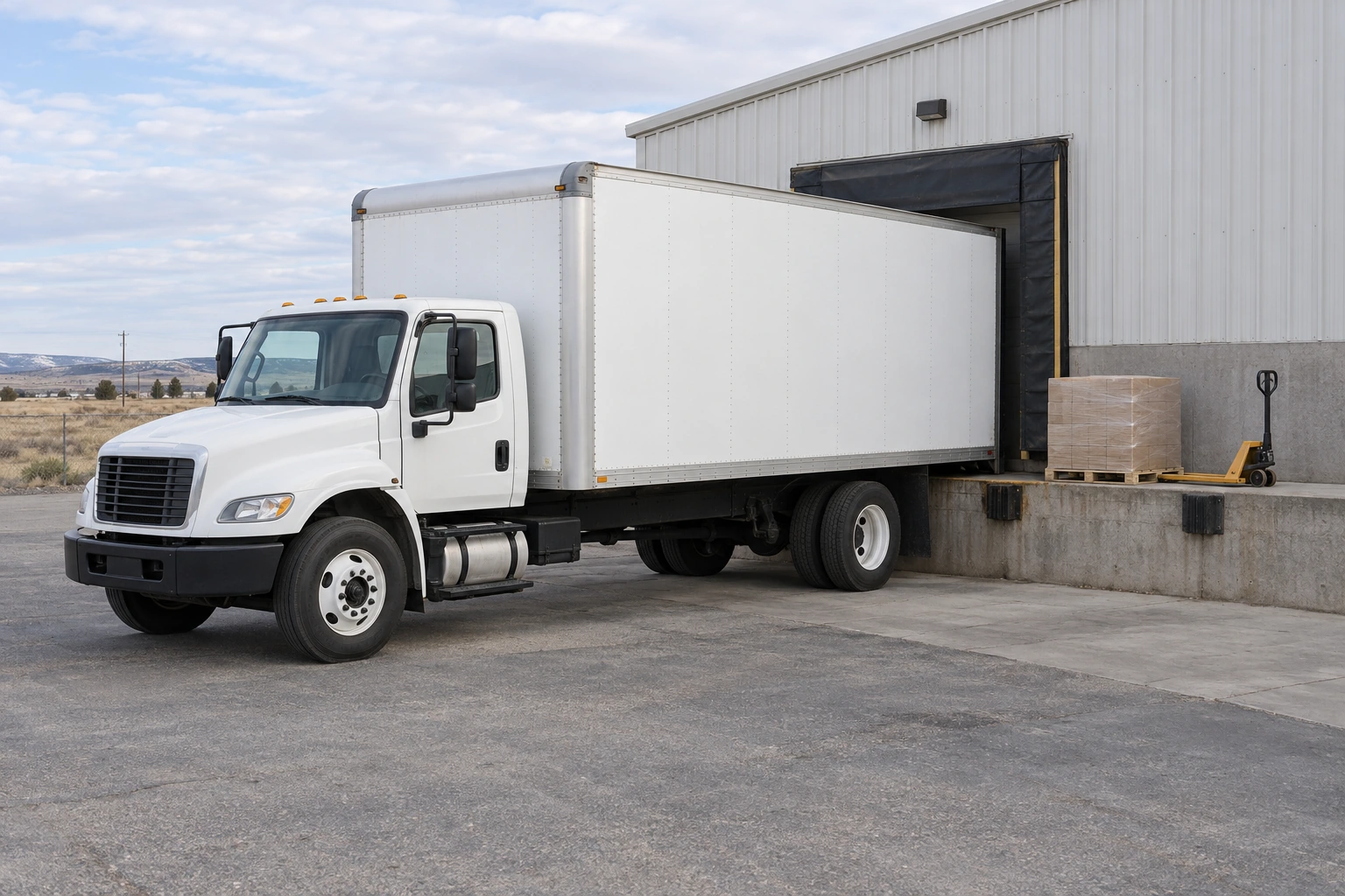 Unbranded white box truck positioned at a practical low warehouse dock