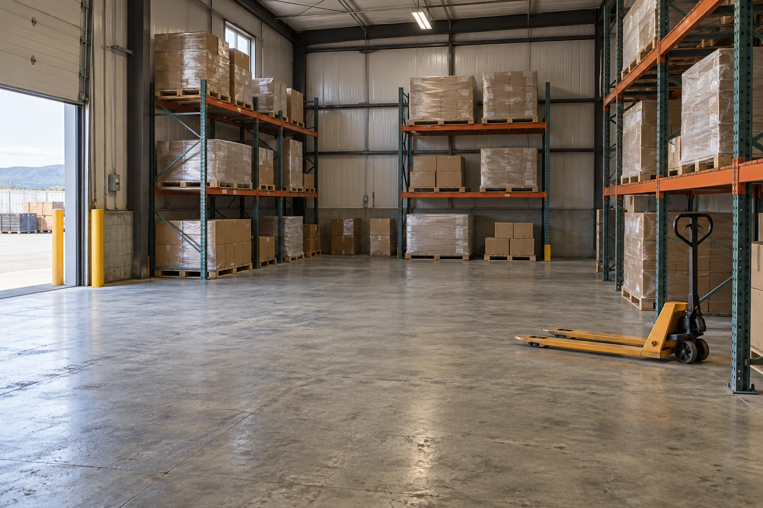 Practical warehouse floor with steel racks, wrapped pallets and a parked pallet jack